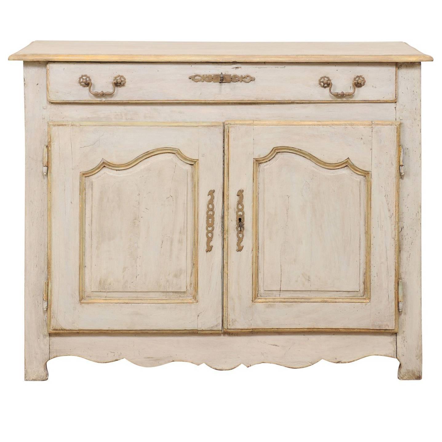 French Painted Wood Buffet in Pale Blue with Gold, Green and Beige Trim For Sale