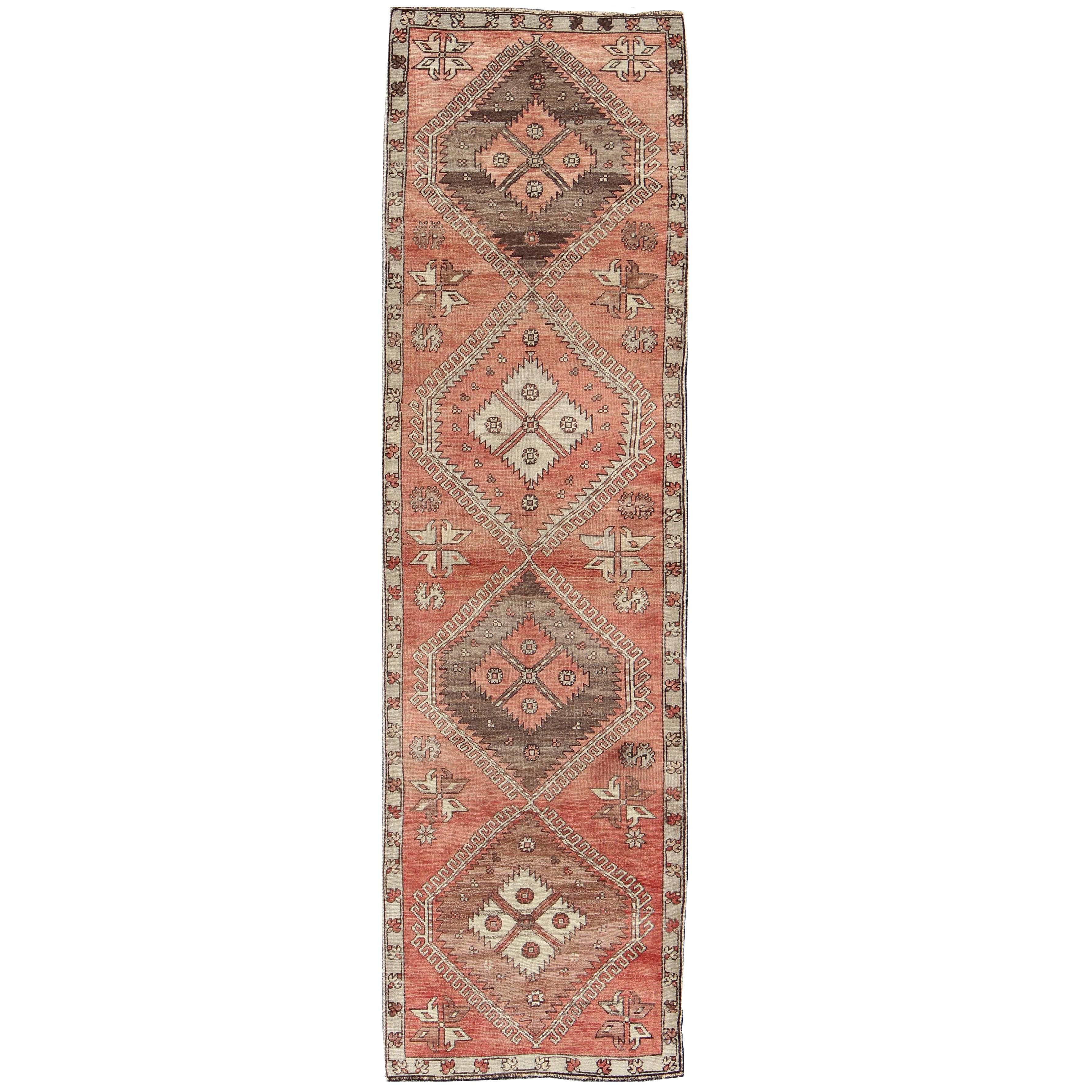 Geometric Vintage Turkish Oushak Runner with Medallions in Red and Brown