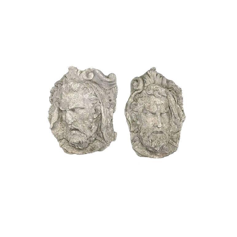 Pair of Italian Cast Stone Wall Face Mask Sculptures, 19th Century