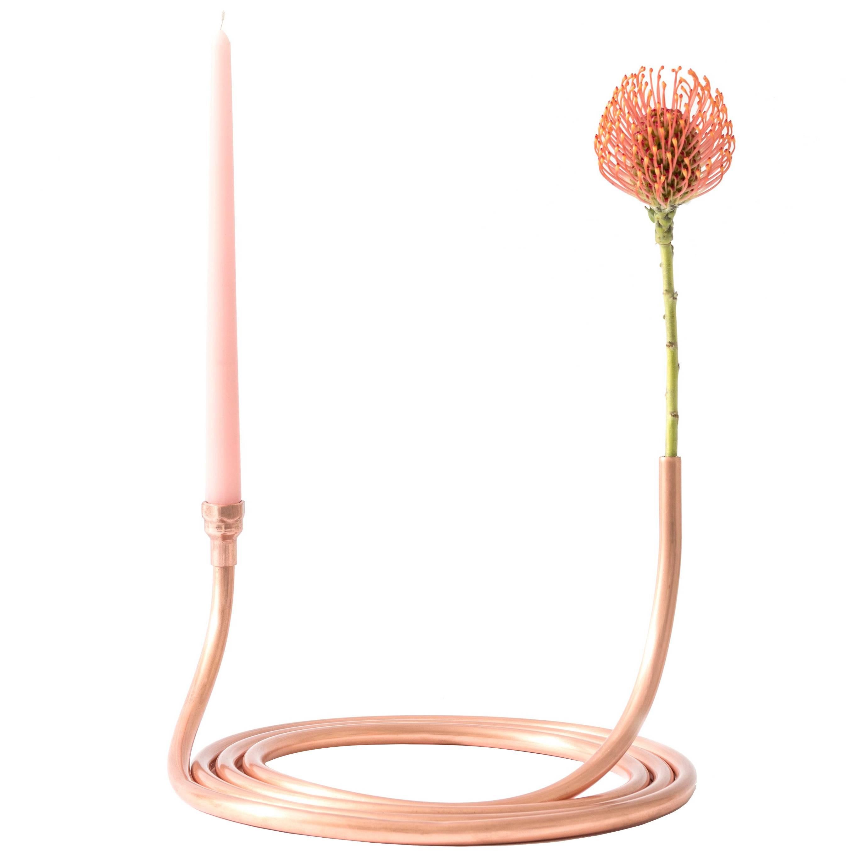 Contemporary Minimalist Spiral Copper Shibui Vase with Flower and Candleholder For Sale