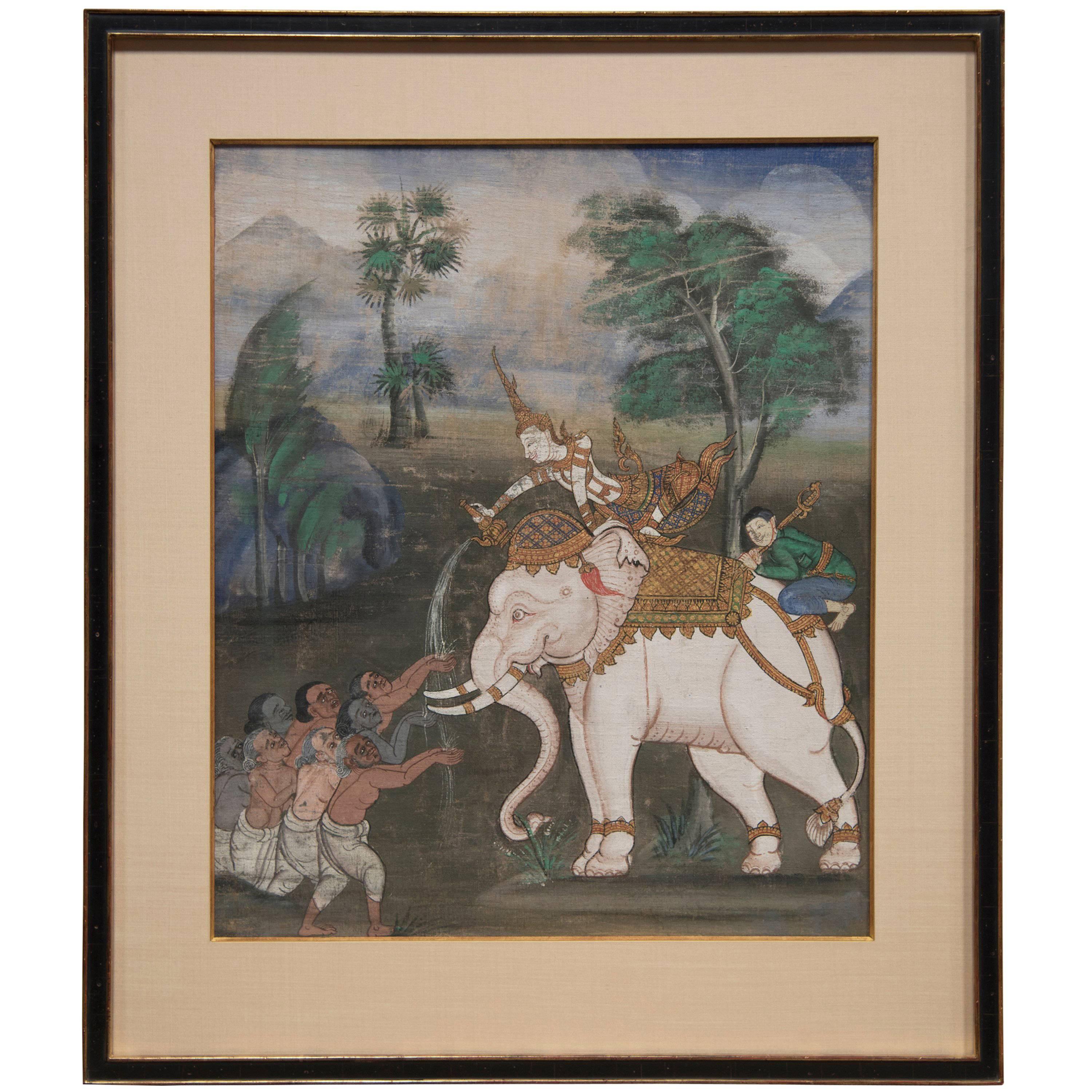 19th century elephant painting by unknown Balinese artist. A vibrant figural painting with a white elephant in black and matted frame. Color on cloth with gilt highlights. The allegorical scene, the large white elephant in gilt trappings with a