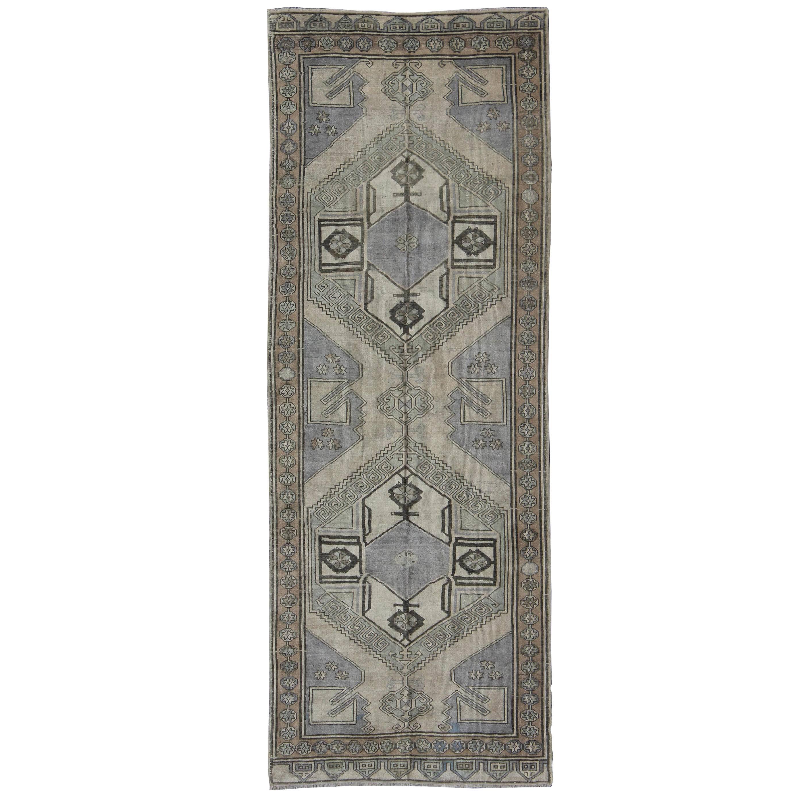 Mid-Century Turkish Oushak Vintage Runner with Dual Medallions in Lavender, Gray
