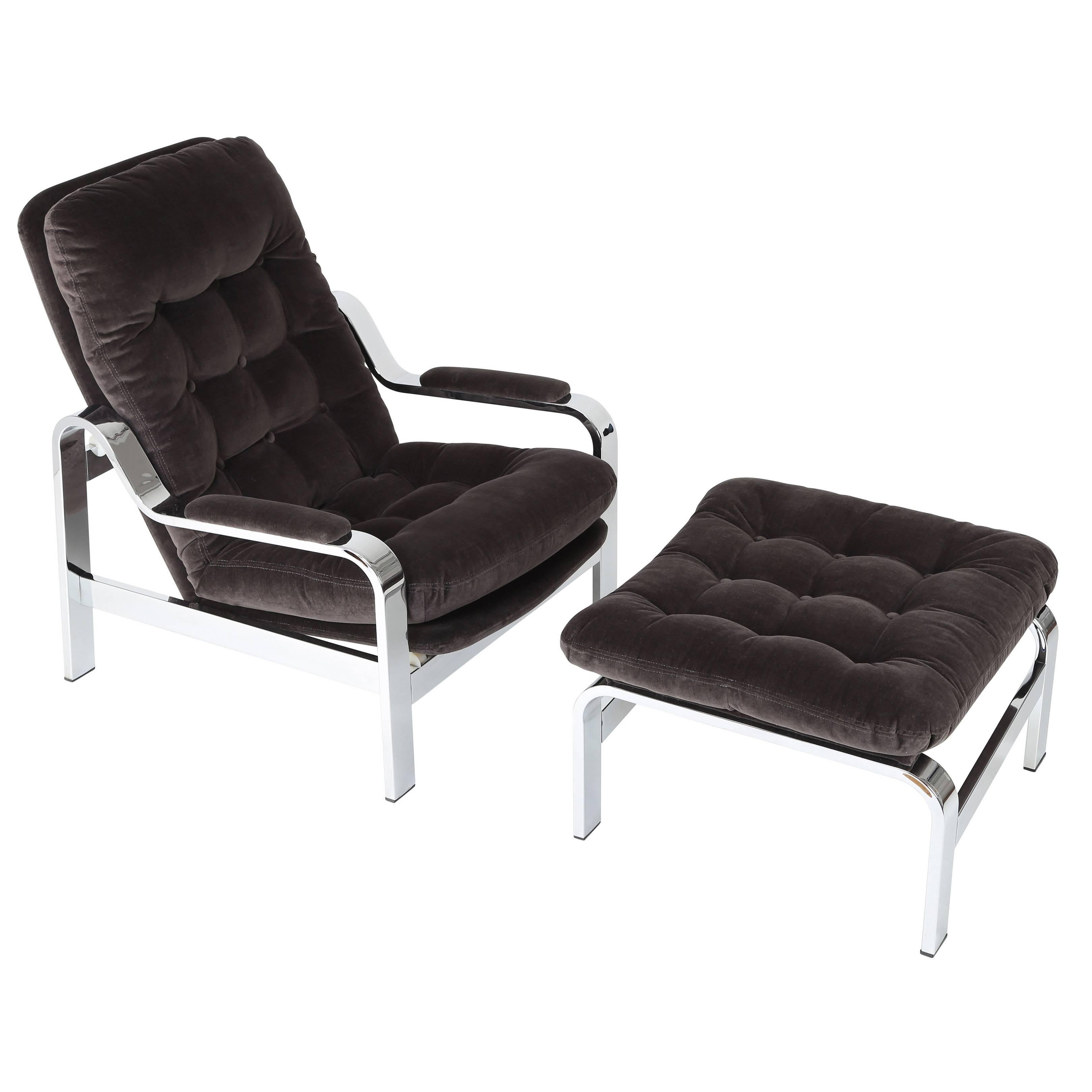1970s Selig Reclining Lounge Chair and Ottoman with Chrome Frames For Sale