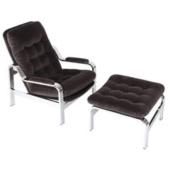1970s Selig Reclining Lounge Chair and Ottoman with Chrome Frames