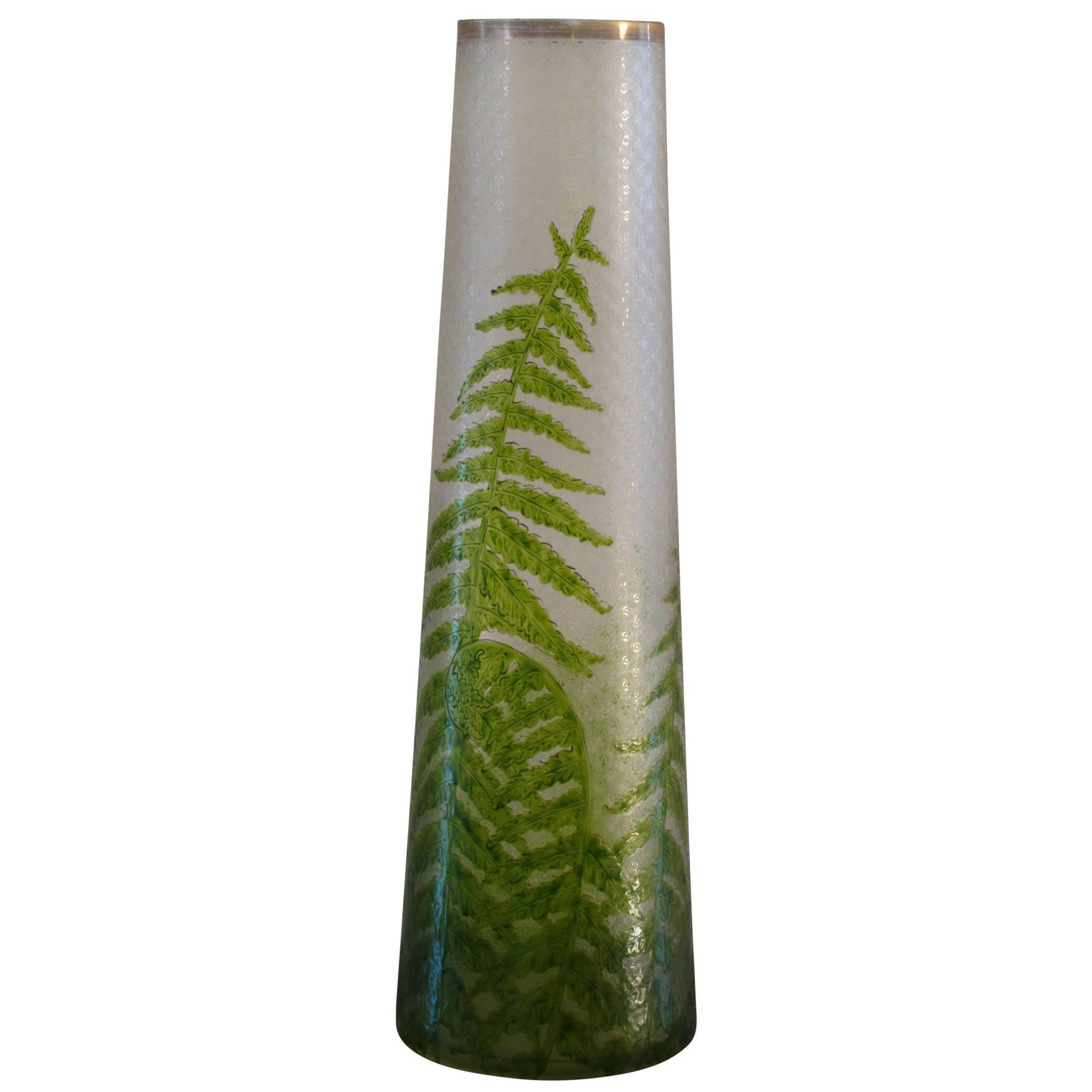 Tall French Textured Art Glass Vase with Hand-Painted Fern Design, 1920s