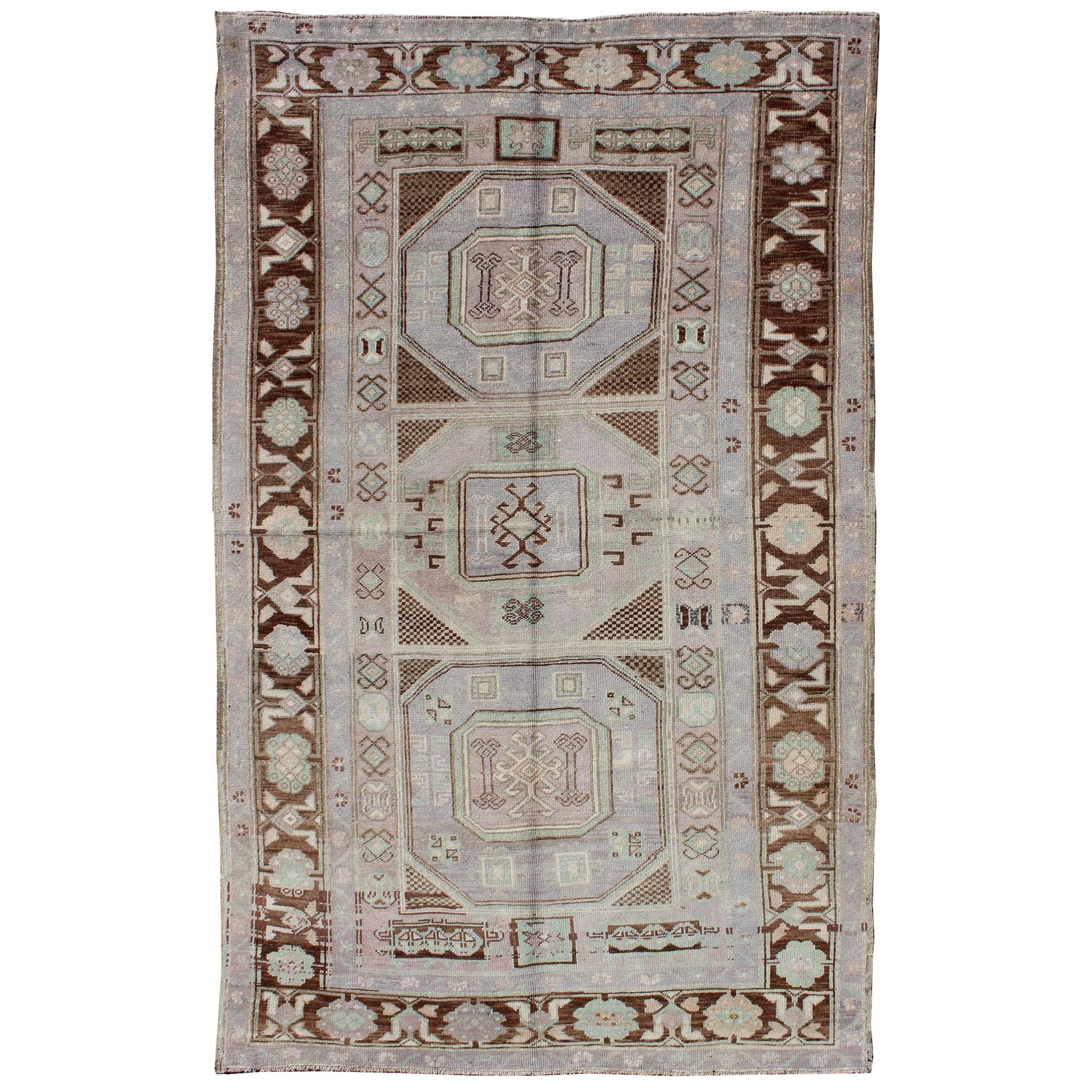 Lavender and Teal Vintage Turkish Oushak Rug with Tribal / Geometric Medallions For Sale