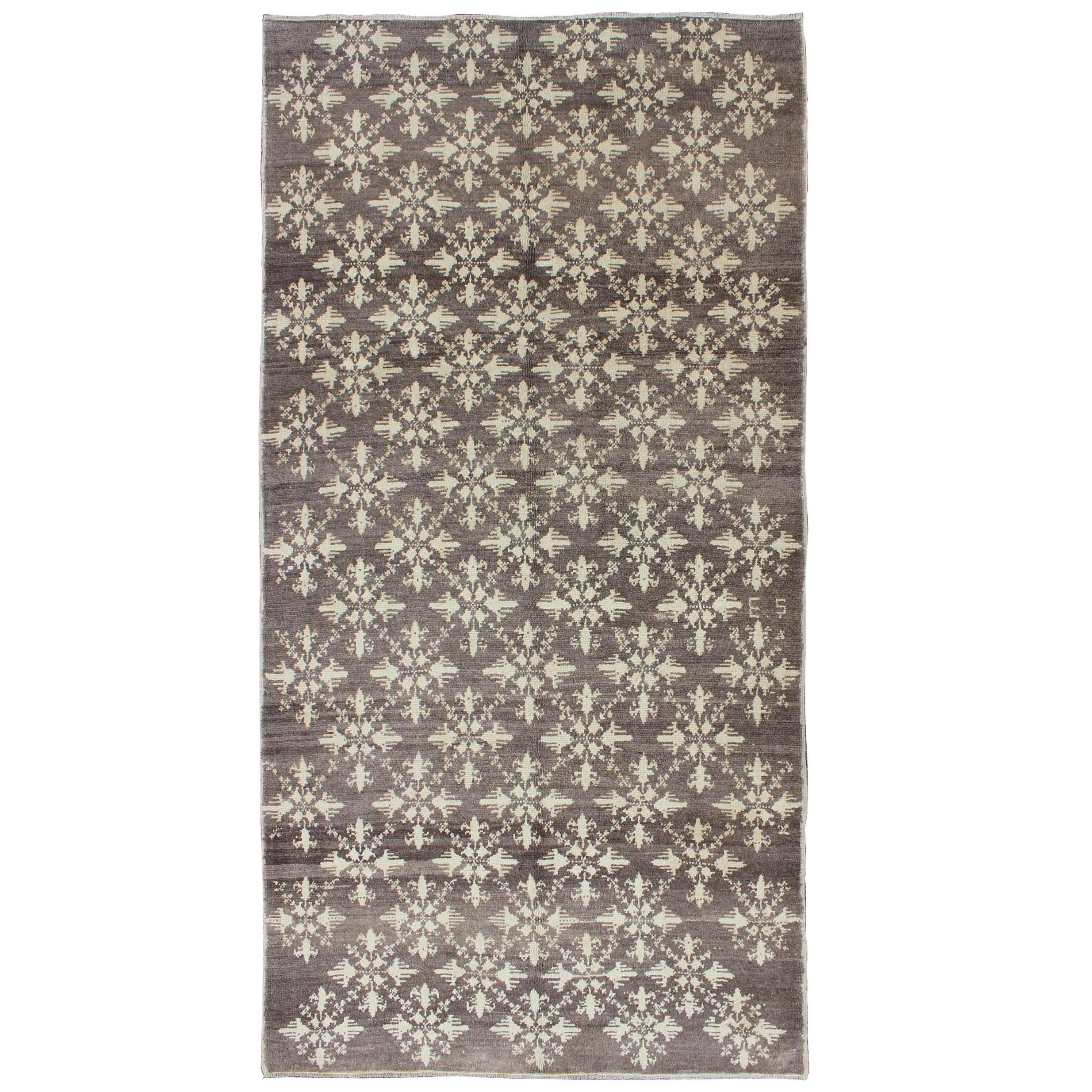 Charcoal Background Vintage Turkish Oushak-Tulu Rug with Ivory Flower Blossoms
