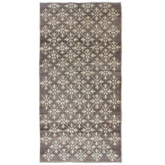 Charcoal Background Vintage Turkish Oushak-Tulu Rug with Ivory Flower Blossoms