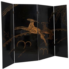 French Art Deco Black Lacquer Screen with Gilt Gazelles, circa 1935