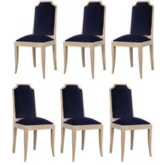 French Modern Blue Velvet Bleached Set of Six Dining Chairs, 1940s