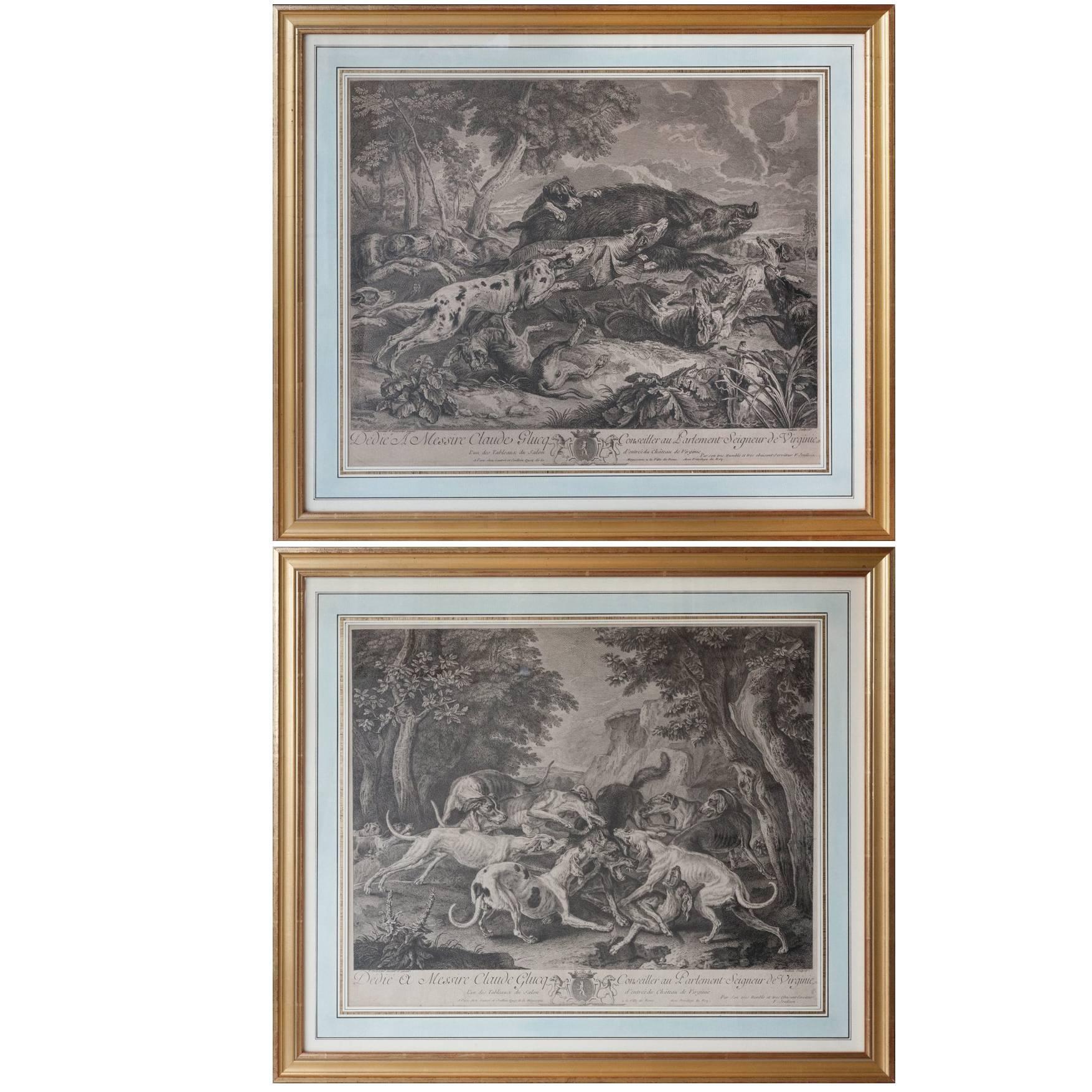 Pair of 18th Century Sporting Prints after Paintings by Deportes in Gilt Frames