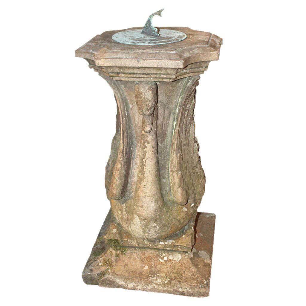 English 1850 Terracotta and Bronze Sundial with Swans and Dolphin on Square Base
