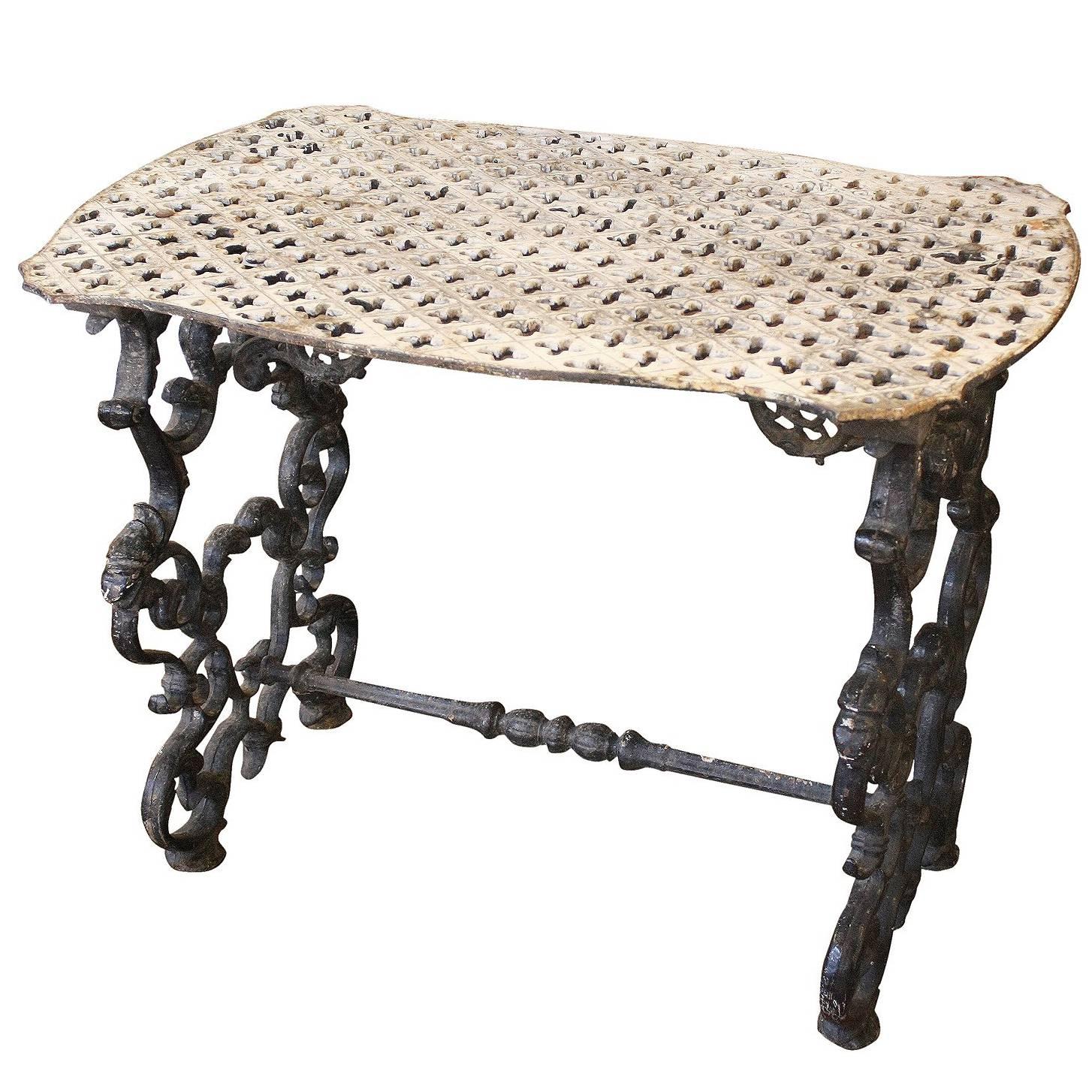 French Wrought Iron Side Table with Cruciform Pierced Top and Intricate Base