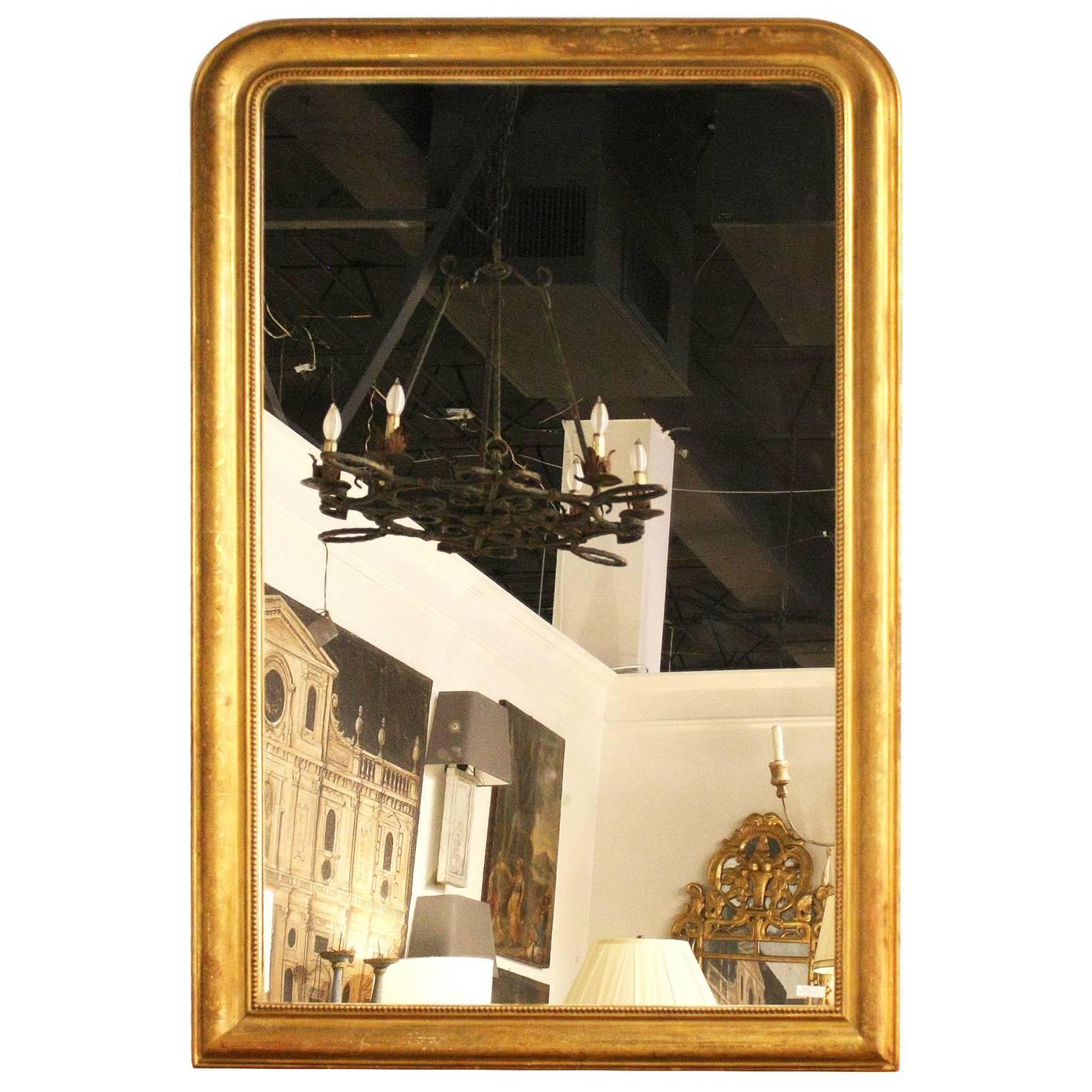 French Large Size Gilded Louis-Philippe Mirror with Etched Vines and Beads