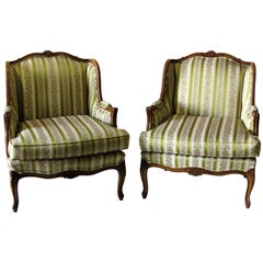 Pair of Louis XV Style Walnut Carved Upholstered Bergère Lounge Chairs