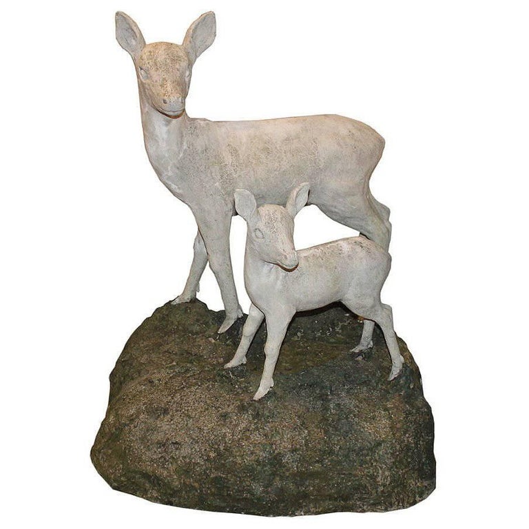Pair of English MidCentury Cast Stone Sculptures of a Doe and Her Fawn on Base at 1stDibs