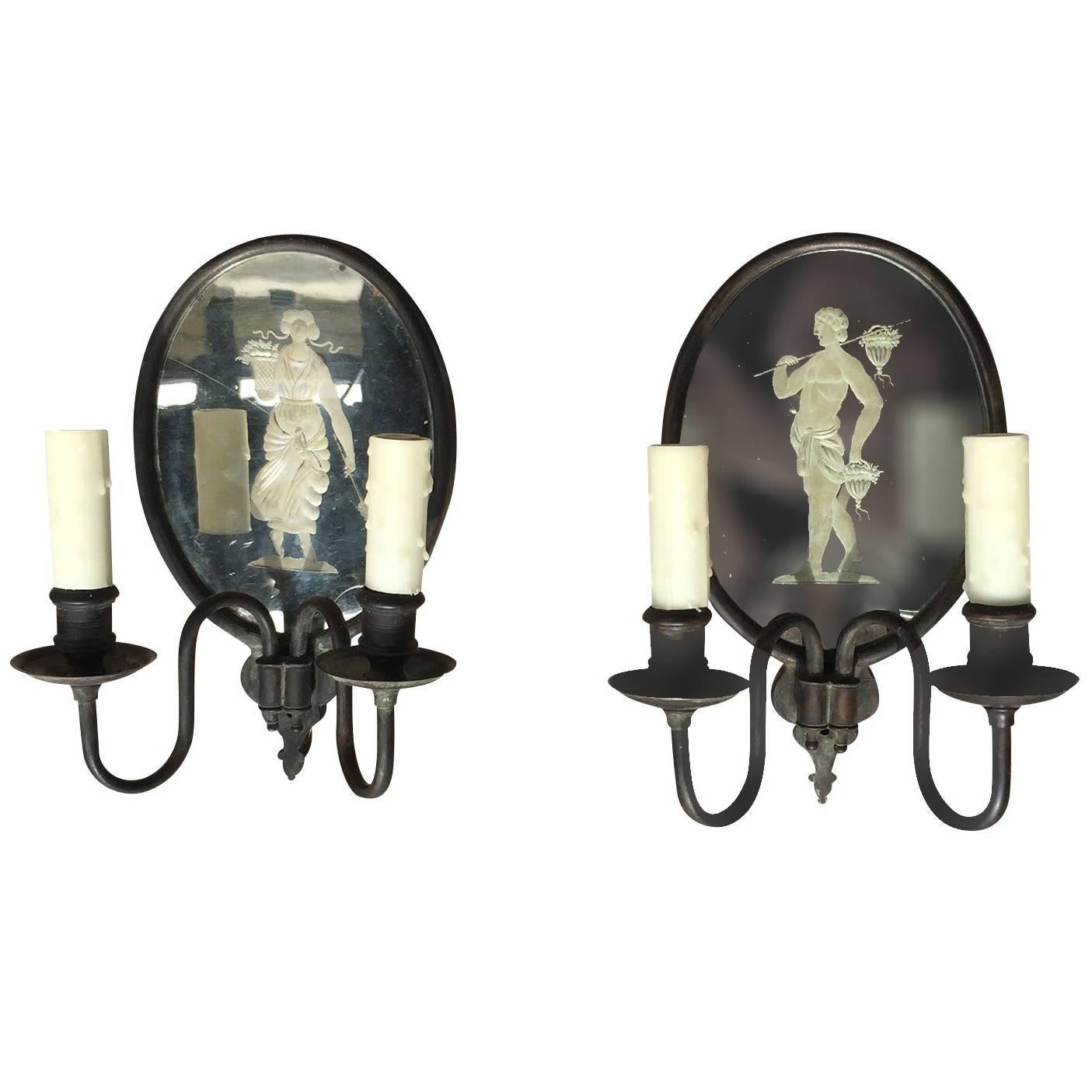 Pair of Charming Early 20th Century Two-Arm Mirrored Oval Sconces with Etchings