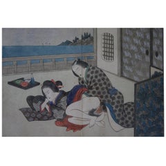 Antique Original and Framed Shunga Print by Kitagawa Utamaro
