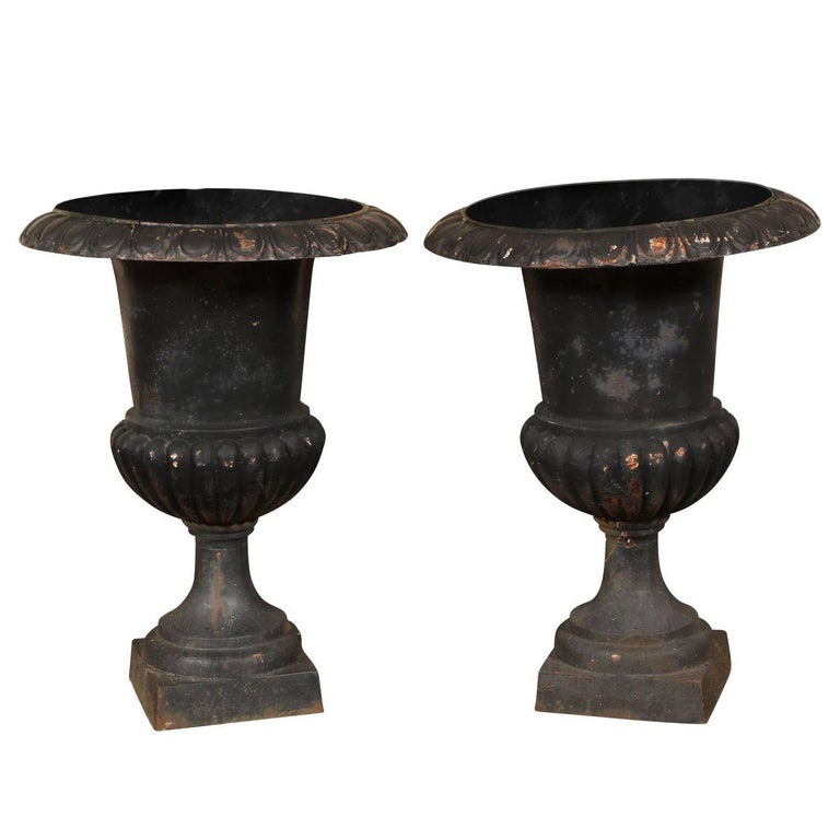 Pair of Antique Cast Iron Garden Urns For Sale at 1stDibs
