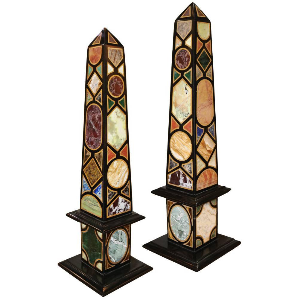 Colorful Pair of Specimen Marble and Other Semi-Precious Stone Obelisks For Sale