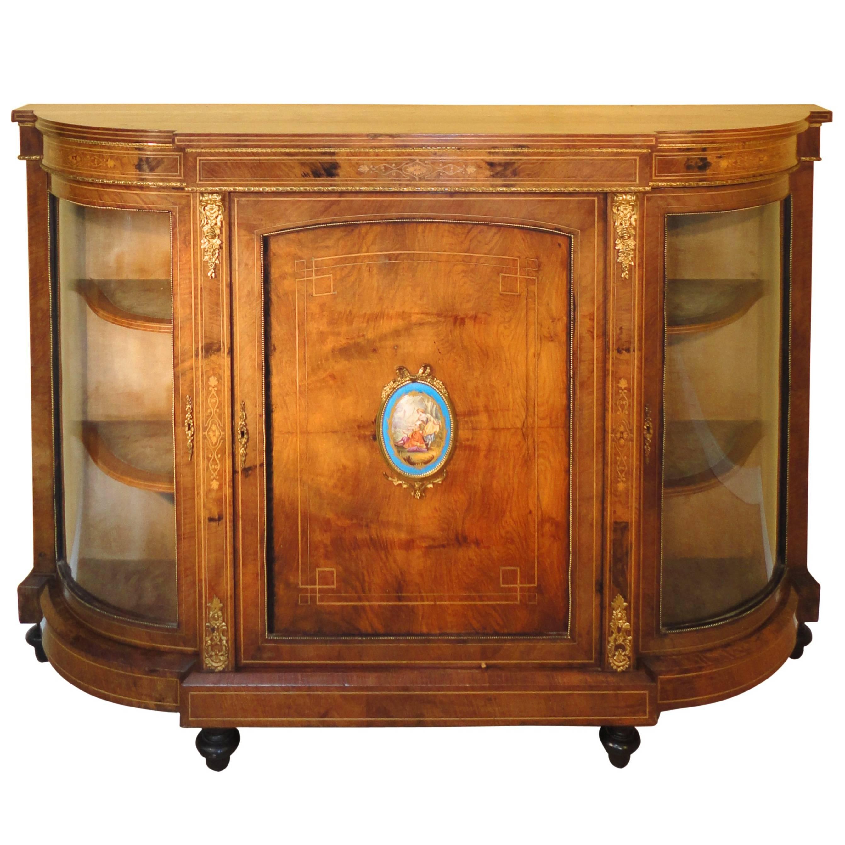 Victorian Burr Walnut and Marquetry Inlaid Credenza