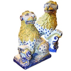 Exceptional Pair of 18th Century Faience Ceramic Lions