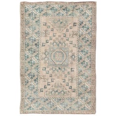 Teal and Cream Vintage Turkish Oushak Rug with Geometric Medallion and Motifs