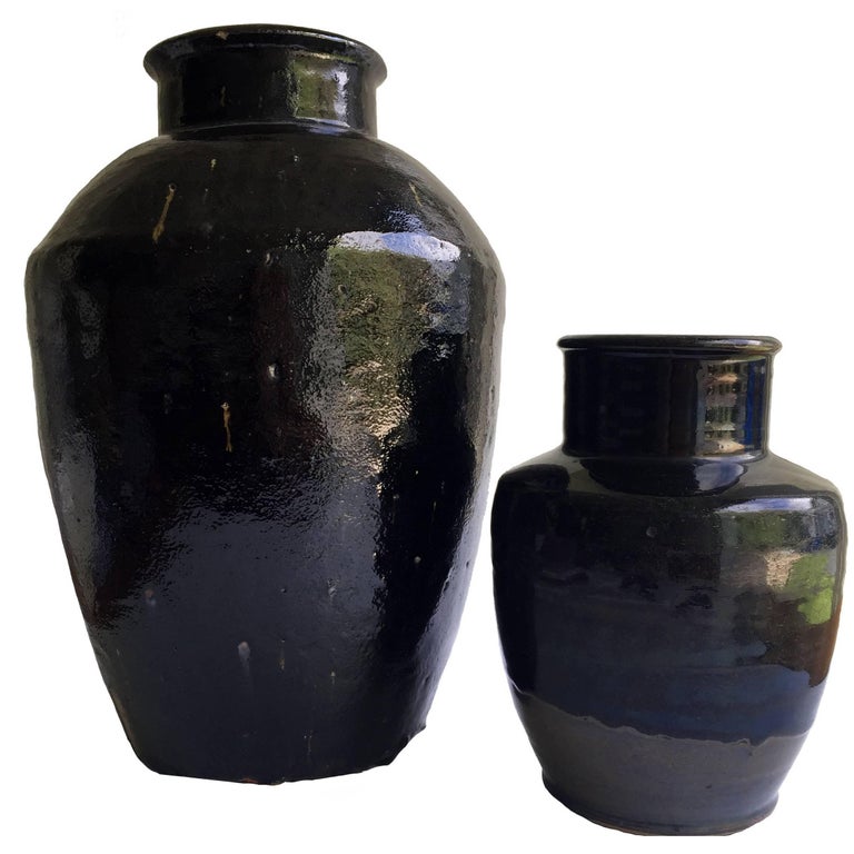 Black Glazed Jars, Two Chinese Antique Vinegar Jars, Handmade Pottery at 1stDibs