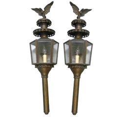 Antique Pair of American Federal Brass Eagle Coach Lanterns