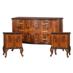 Venice Baroque Revival Italian Chest of Drawers with Nightstands in Burl Walnut