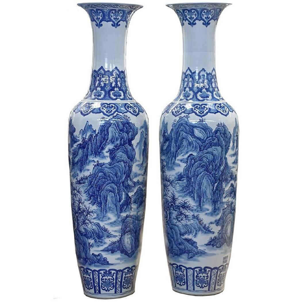 Massive Pair of Chinese Blue and White Porcelain Vases, Signed