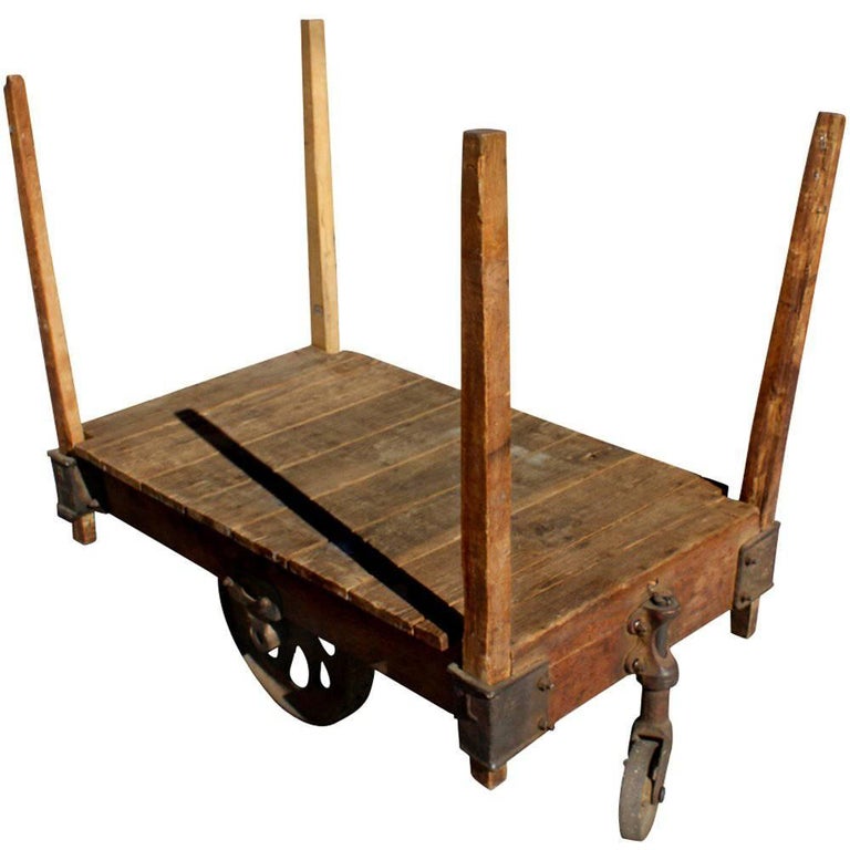 One Antique Wood Iron Industrial Rolling Cart For Sale