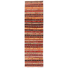 Vintage Kilim Runner with Geometric Stripe Design in Red, Golden Yellow, Maroon