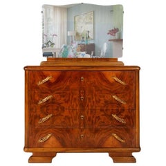 1920s Art Deco Chest of Drawers Commode in Burl Walnut with Mirror Restored 9