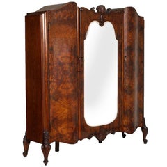 Used 1910s Baroque Venetian Wardrobe with Mirror, Hand-Carved Walnut, Burl Walnut