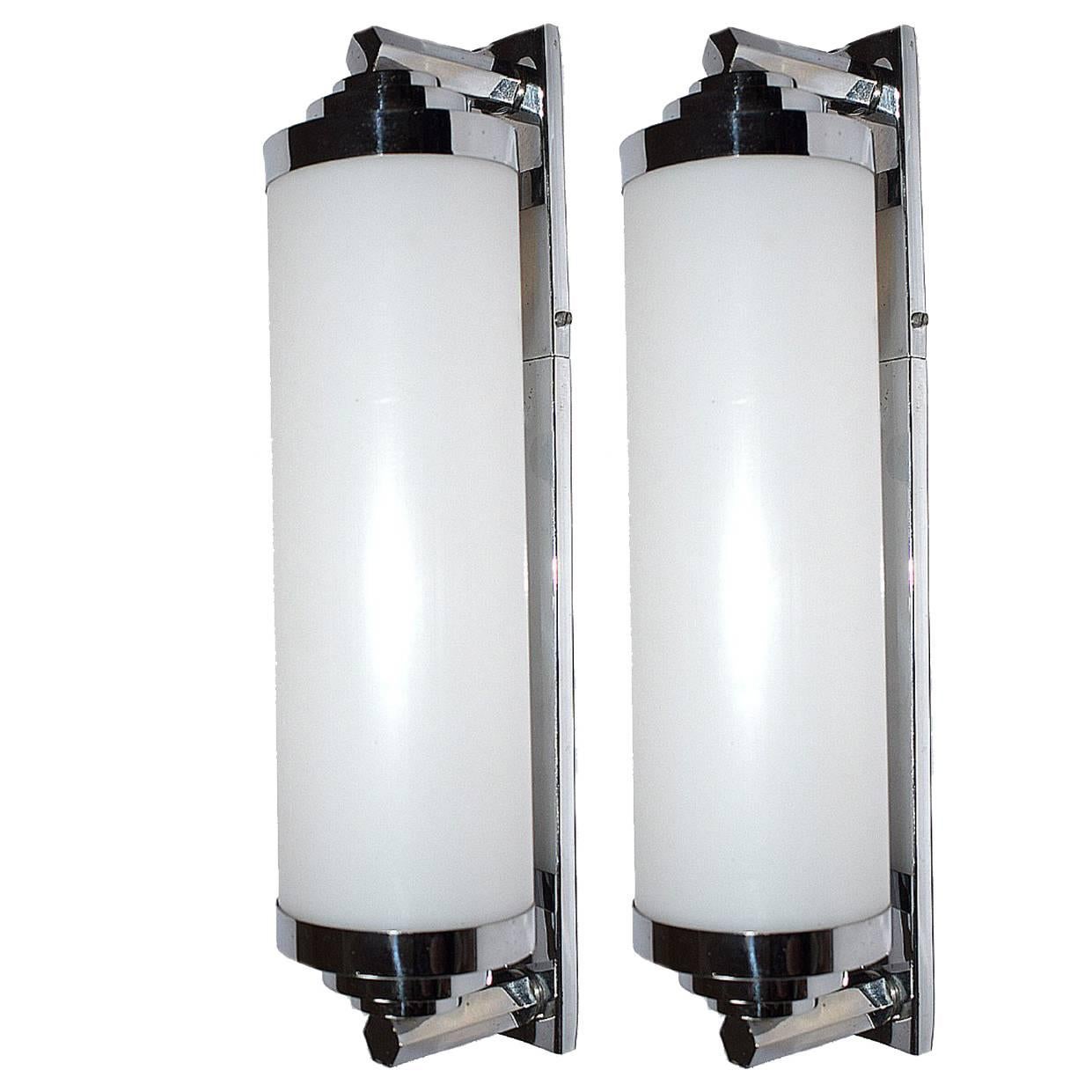 French Art Deco Pair of Tubular Glass Wall Lights or Sconces