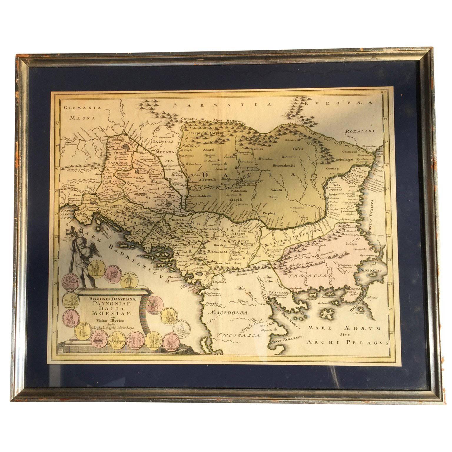 Quatre cartes du XVIIIe siècle gravées et coloriées à la main par Weigel en vente