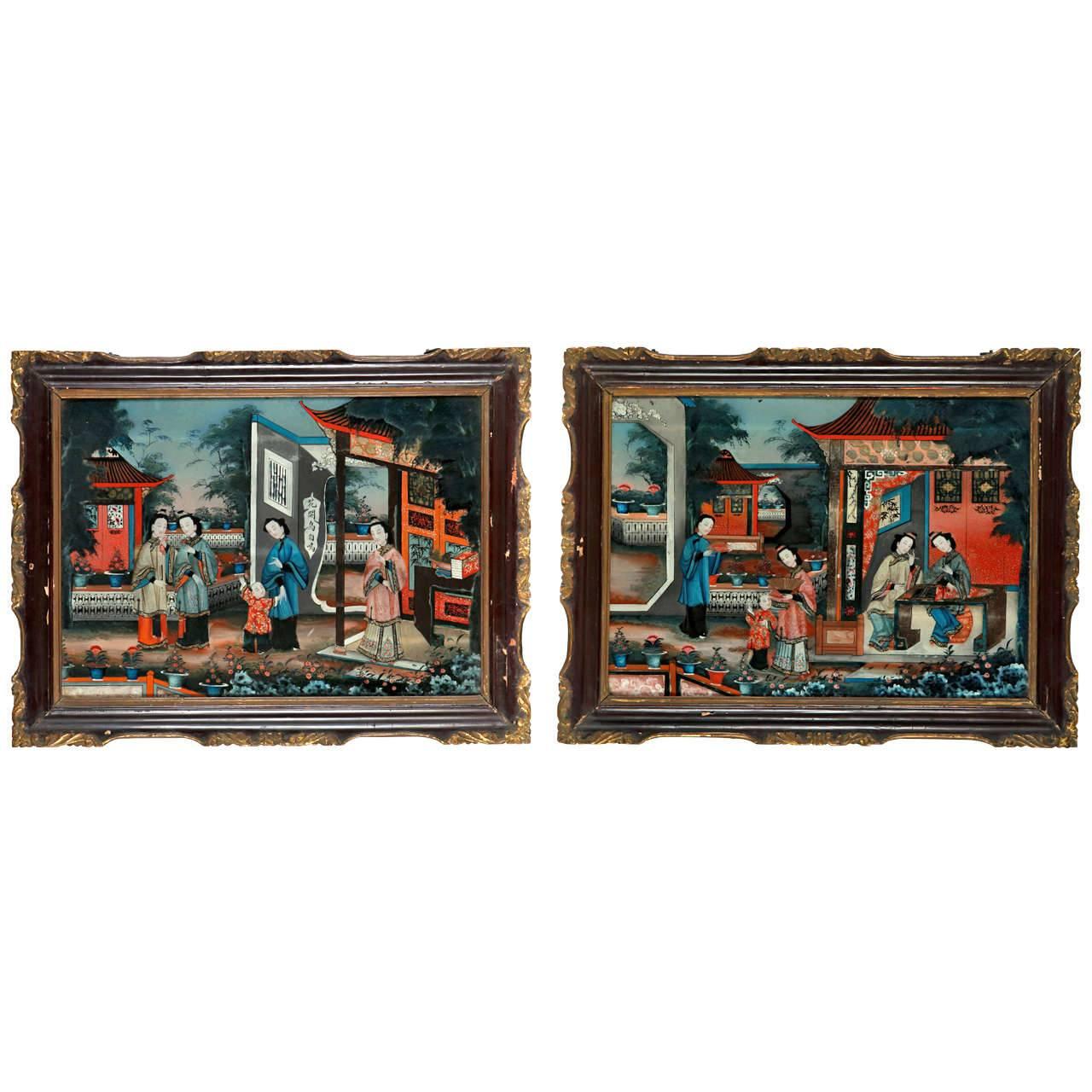 Pair of  19' century Chinese Reverse-Painted Mirror Pictures For Sale