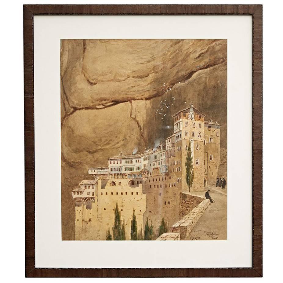 Original Watercolor of Mega Spileo Monastery by Peter Toft, circa 1896 For Sale