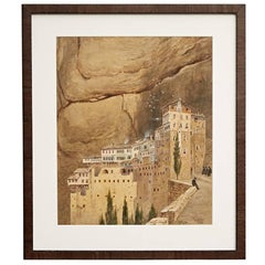 Original Watercolor of Mega Spileo Monastery by Peter Toft, circa 1896