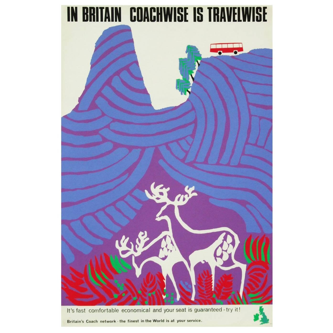 1960s British Coach Travel Poster Deer Mid-Century Pop Art