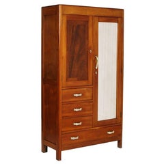 1930s, Art Deco Cupboard Wardrobe Drawers in Solid Cherrywood with Mirror