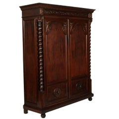 1890s Tuscany Renaissance Cupboard Wardrobe in Carved Walnut by Dini e Puccini
