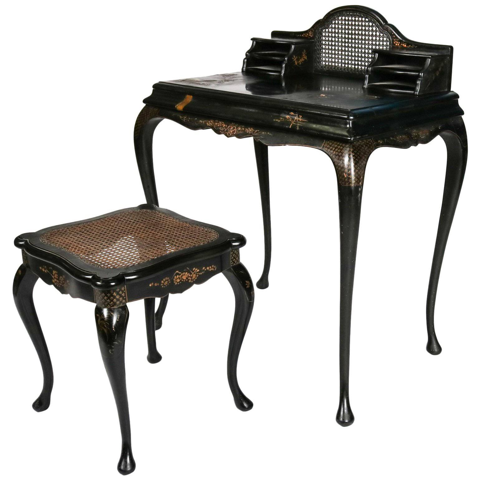 Antique Japanned Caned Black Lacquer Paint Decorated Desk & Stool, 19th Century