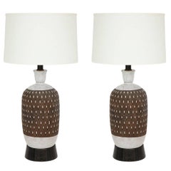 Bitossi Ceramic Table Lamps Pair Incised Brown White Signed, Italy, 1960s
