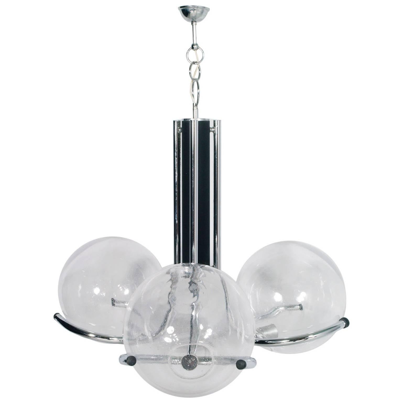 1970s Mazzega Murano Glass Pendant Chandelier, 3 Lights and Chromed Black Steel  For Sale