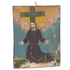 19th Century Retablo, "Christ Ascending" Canvas on Wood Panel