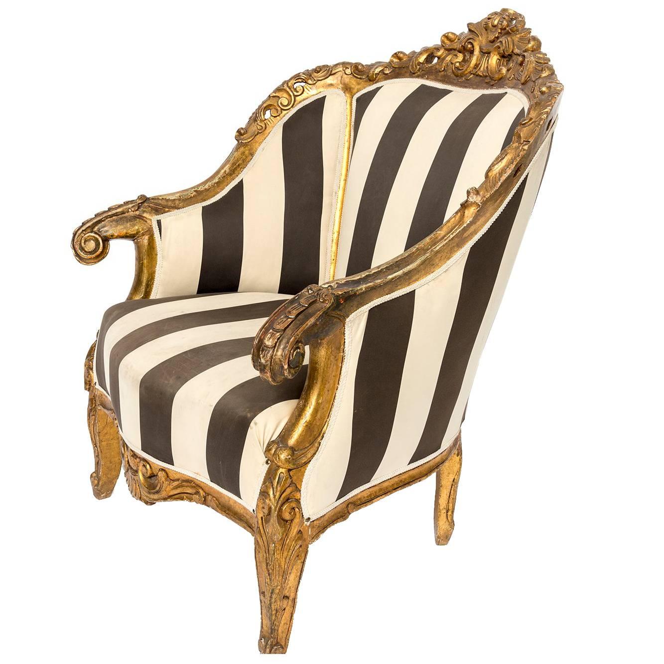 Pair of Large Black and White Fabric Gilt Fauteuils