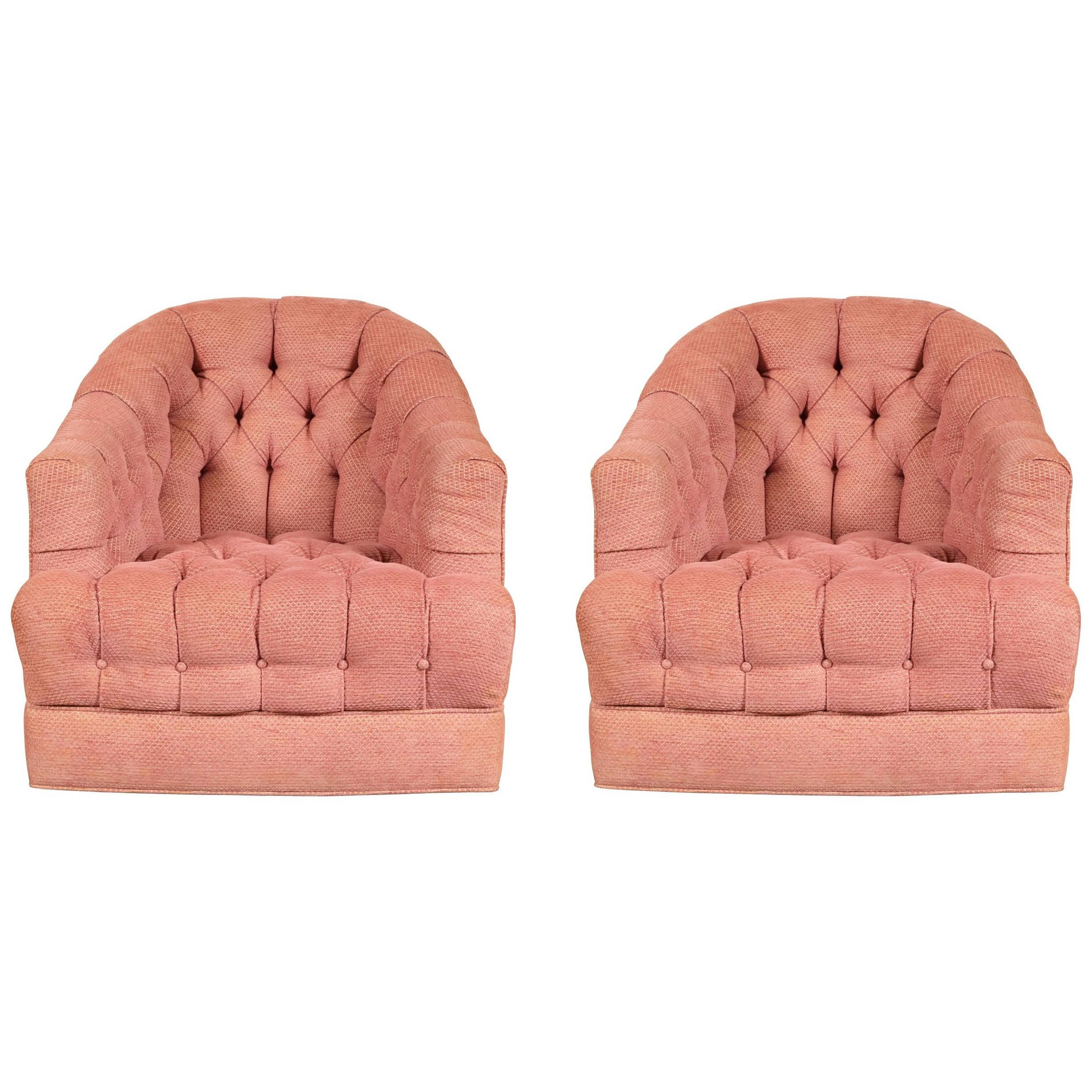 Pair of Pink Upholstered Swivel Club Chairs