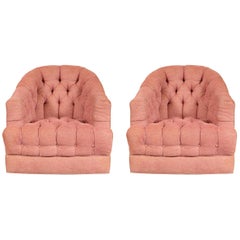 Retro Pair of Pink Upholstered Swivel Club Chairs